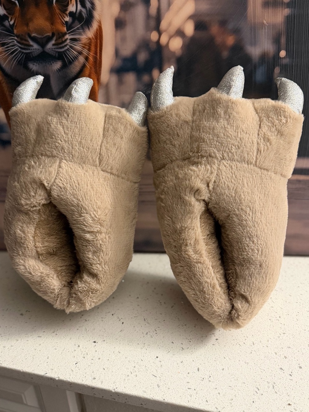 SPY Plush Monster Claw Slippers in Beige with Silver Claws - Picture 5 of 5